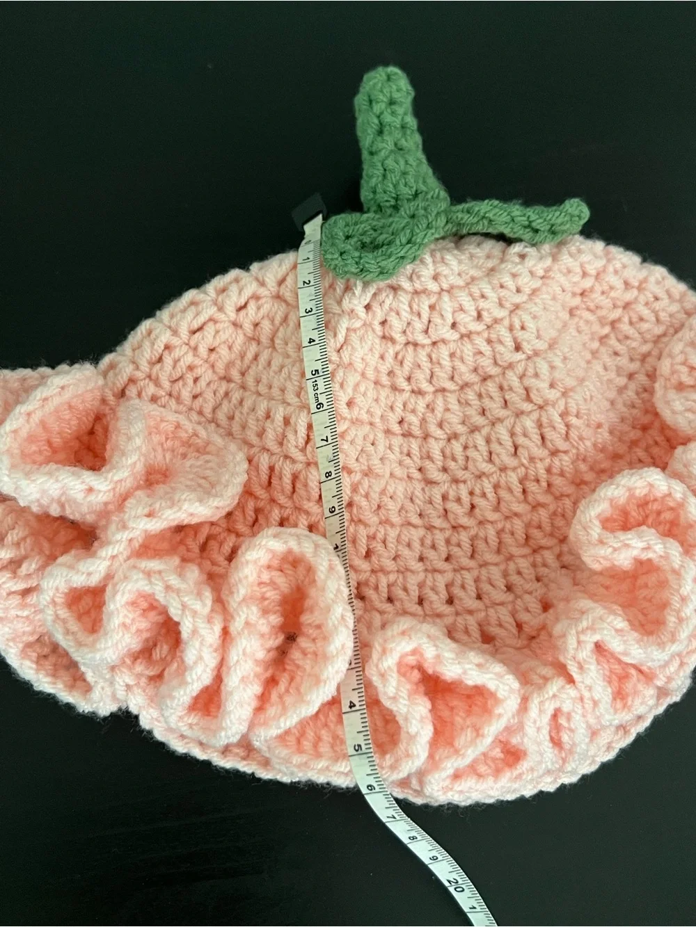 Handmade Pink Crochet Kids Hat with Green Stem